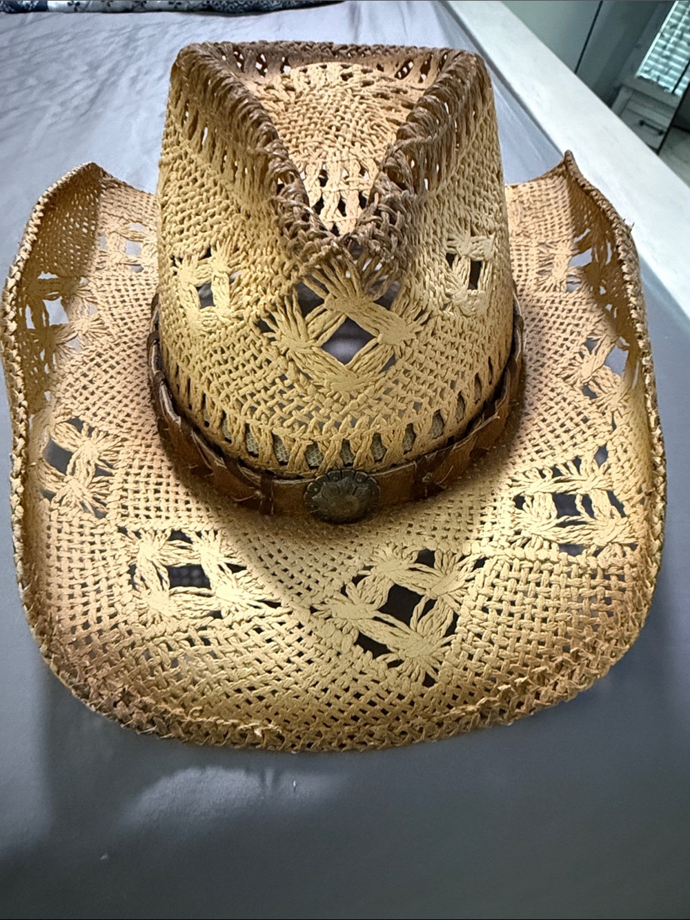 Woven Straw Cowgirl hat with Decorative Band - Natural Tan
